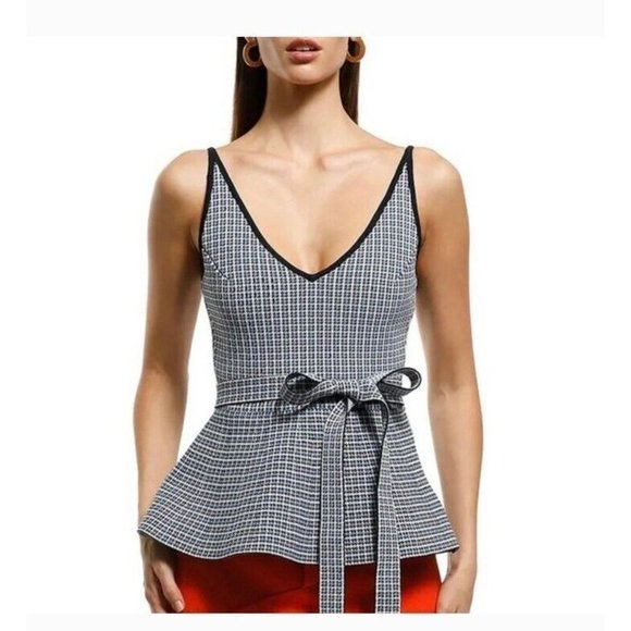 SCANLAN THEODORE Crepe Knit Plaid Strappy Top in Navy Blue, Small/8 - Picture 2 of 9